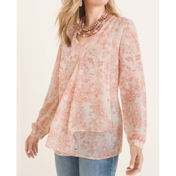 Chico's Blouse Size 1 8/10 Medium Flounce-Front Paisley Top Sheer Pink Peach - Picture 1 of 9